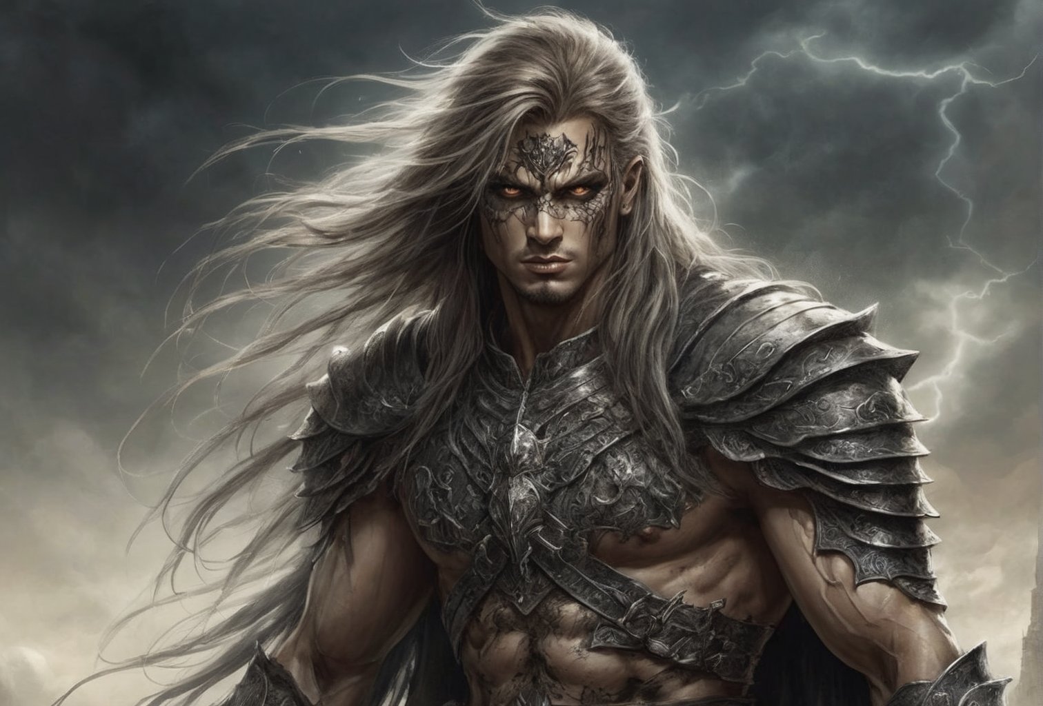 Create a portrait of the main antagonist of the demigod, he has long, flowing hair the color of storm clouds, serpentine creature with scales as black as night, glowing eyes like lightning, and razor-sharp teeth. </br> It is impossible to tell its age or gender as it is a mythological creature. captivating with mystery and at the same time repulsive, from whose gaze your throat dries up and you are speechless, but you can feel his strong spirit and sense of heroism, so that sometimes you donТt understand whether he is a villain or a hero in front of you.
Style of Medieval fantasy warrior art by Luis Royo. tan, black, tan, blanchedalmond colors. 8K HD.