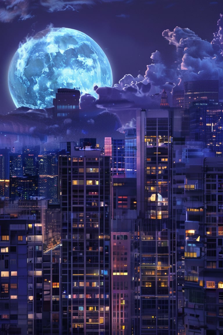 night, cloud lumened by city, bright moon, dark-gray-purple sky; sky scrapers square and rectangular skyscrapers with white frequent square windows, shades of skyscraper windows: dark blue, dark turquoise. The roofs of skyscrapers from dark squares or illuminated with a dim blue border,