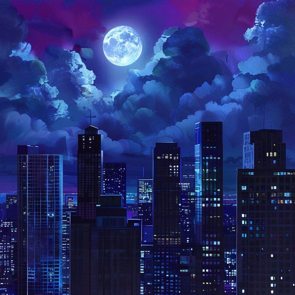 night, cloud lumened by city, bright moon, dark-gray-purple sky; sky scrapers square and rectangular skyscrapers with white frequent square windows, shades of skyscraper windows: dark blue, dark turquoise. The roofs of skyscrapers from dark squares or illuminated with a dim blue border,