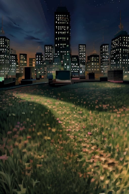 city, night, cityscape, green grass,