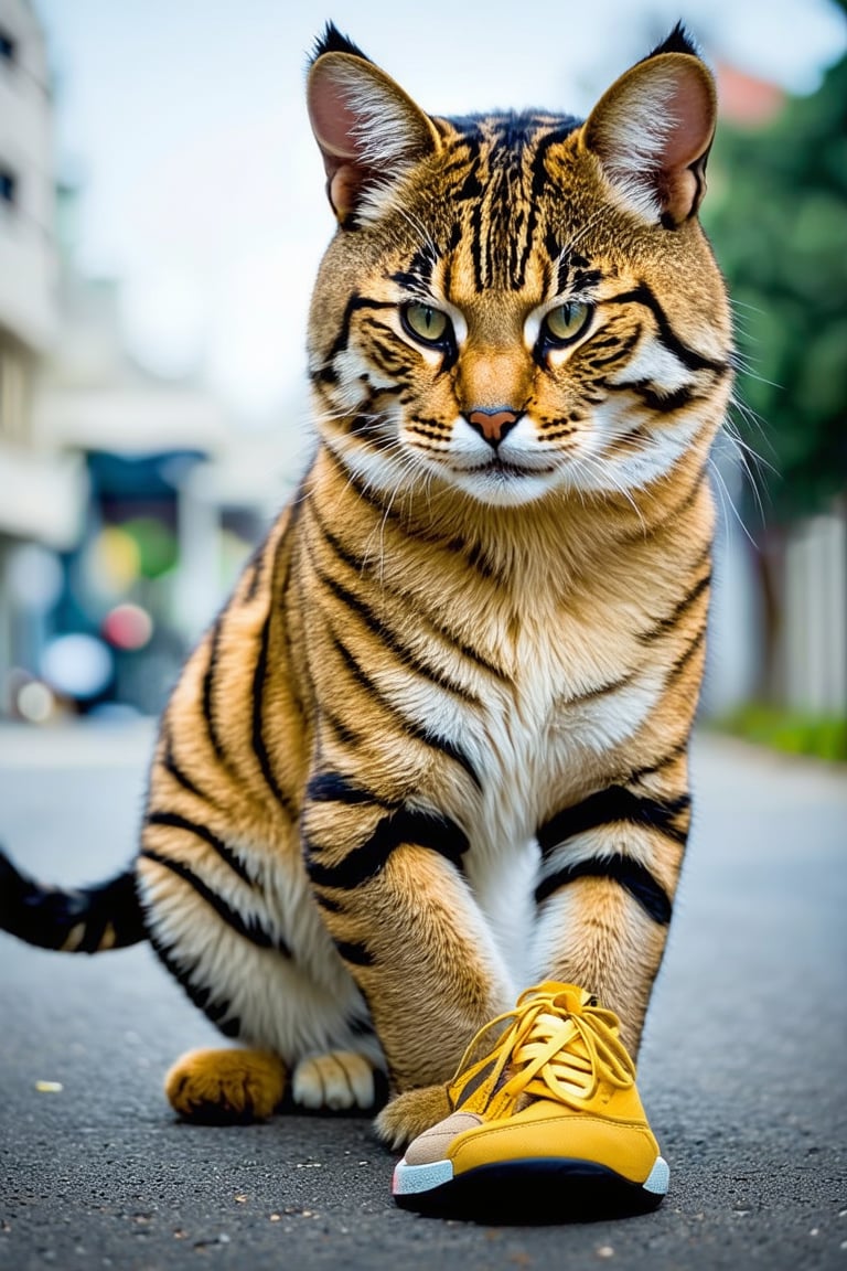 Wow, that's one majestic cat! It's almost like a tiger and a domestic cat had a super cool fusion. wearing yellow sneakers And about that '110', maybe it's part of a top-secret feline mission?