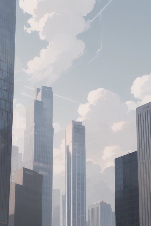 view after a thunderstorm,  light blue sky above,  high cirrus white clouds,  layer of gray stratus clouds,  medium light gray thunderclouds,  low thundery gray and steelblue clouds cityscape skyscrapers