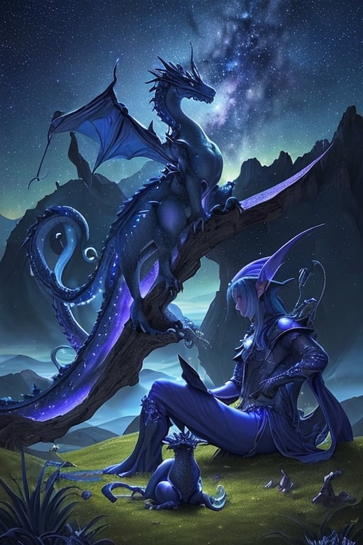 Tarot card, night, royal blue sky with stars and milky way, light azure clouds close to horizon, an awe-inspiring, artwork of the majestic light purple Dragon, this masterpiece showcases the power and mystique of the dragon in a mesmerizing, otherworldly setting. Young elf sitting around dragon and look to horizon, landscape is brushed green grass,