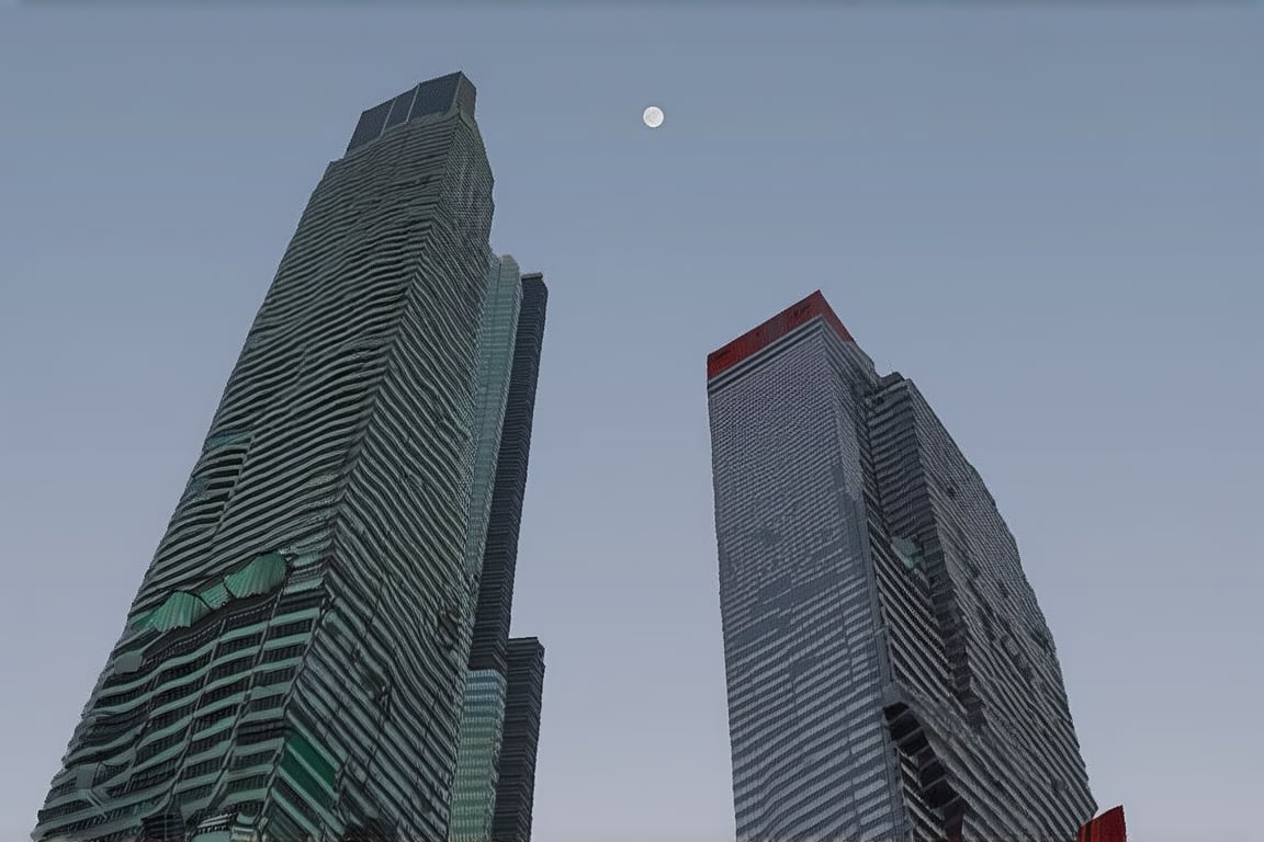 light bluish gray-light skyscrapers, sometimes with a light greenish tint, with frequent square windows, above two skyscrapers there is a red diode warning aircraft; with a dark gray sky and a clear gray sky illuminated by a bright white-blue moon