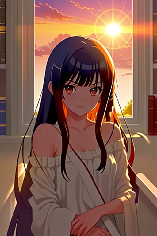 This image showcases the anime girl with bangs and medium-long hair in a school library, bathed in the light of the sun that creates a fusion of morning clarity and sunset charm. The atmosphere is timeless, suggesting that this beautiful day has stepped out of the regular flow of time and feels like it will last forever.