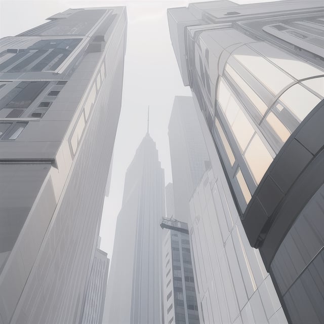 colorful, a group of golden square-shaped ornaments on black ground surrounded by gray lines, and gray ornaments with rectangular lines; light bluish gray-light skyscrapers sometimes with a light greenish tint with frequent square windows, above two skyscrapers a red diode warning aircraft; with a dark gray sky and a light gray sky illuminated by a bright white-blue moon,