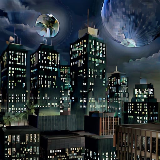 Night, view from the roof of a skyscraper.a group of golden square-shaped ornaments on black ground surrounded by gray lines and ornaments with rectangular lines; light bluish gray-light skyscrapers sometimes with a light greenish tint with frequent square windows, above two skyscrapers a red diode warning aircraft; with a dark gray sky and a light gray sky illuminated by a bright white-blue moon,