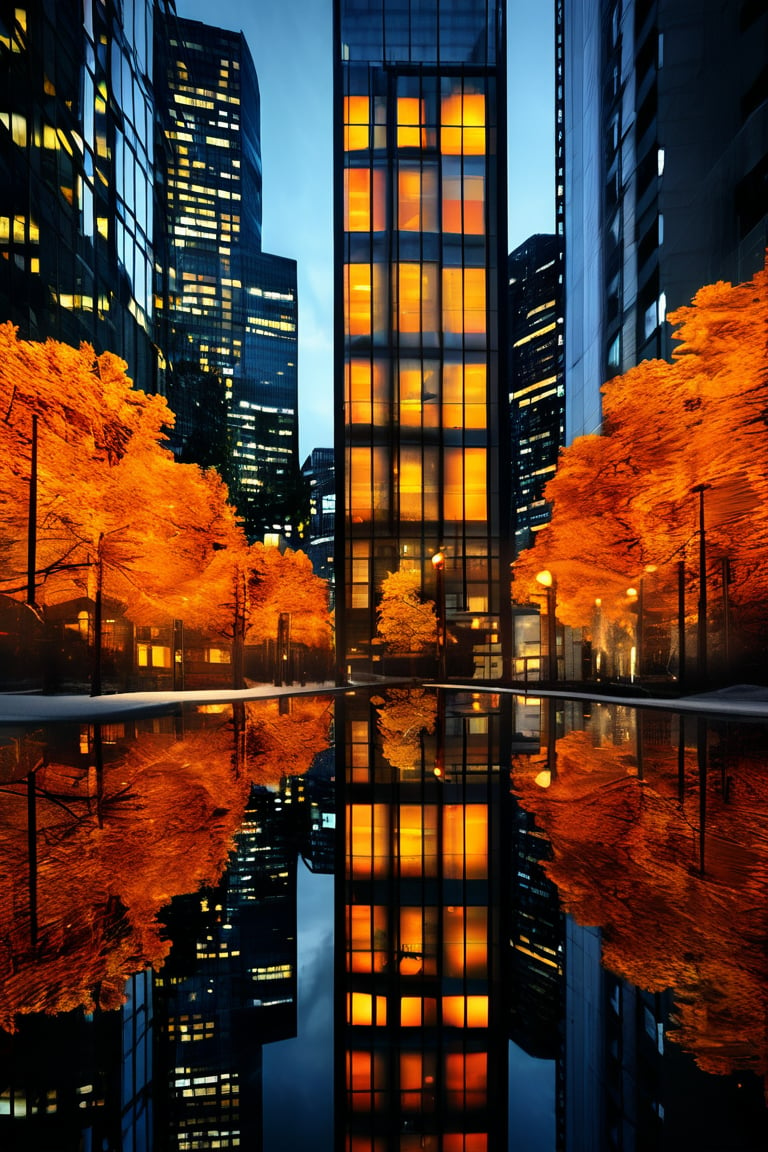 Night, autumn, skyscrapers with orange windows, lanterns highlight the golden foliage of the trees and are reflected in the glass of the skyscrapers