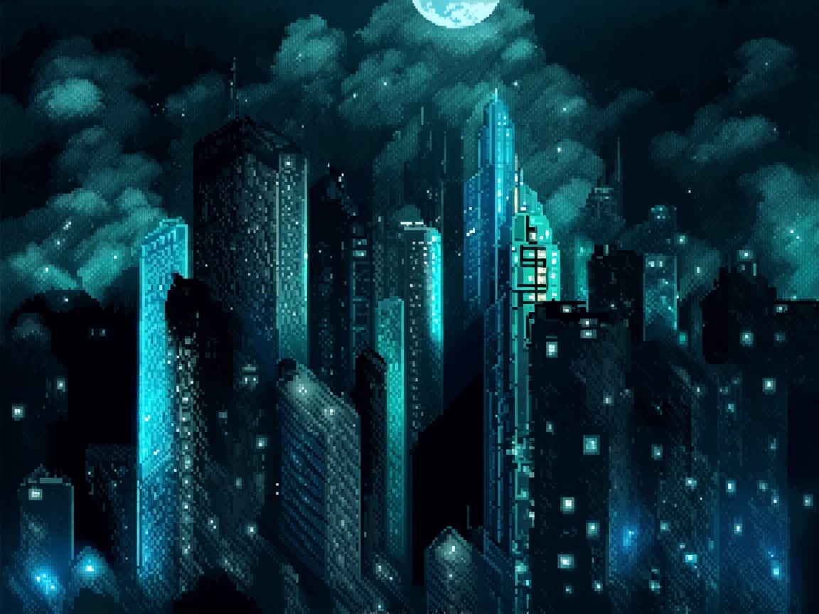 night, cloud lumened by city, bright moon, dark-green sky; sky scrapers square and rectangular skyscrapers with white frequent square windows, shades of skyscraper windows: dark blue, dark turquoise. The roofs of skyscrapers from dark squares or illuminated with a dim blue border,