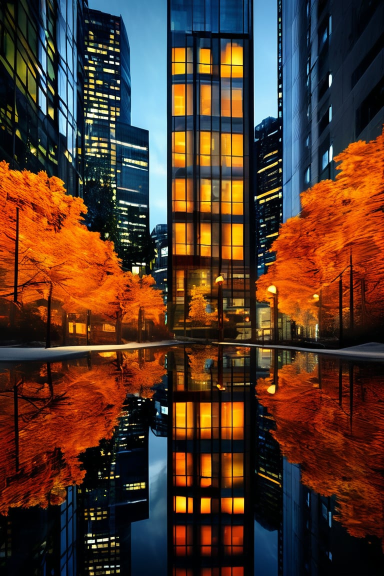 Night, autumn, skyscrapers with orange windows, lanterns highlight the golden foliage of the trees and are reflected in the glass of the skyscrapers