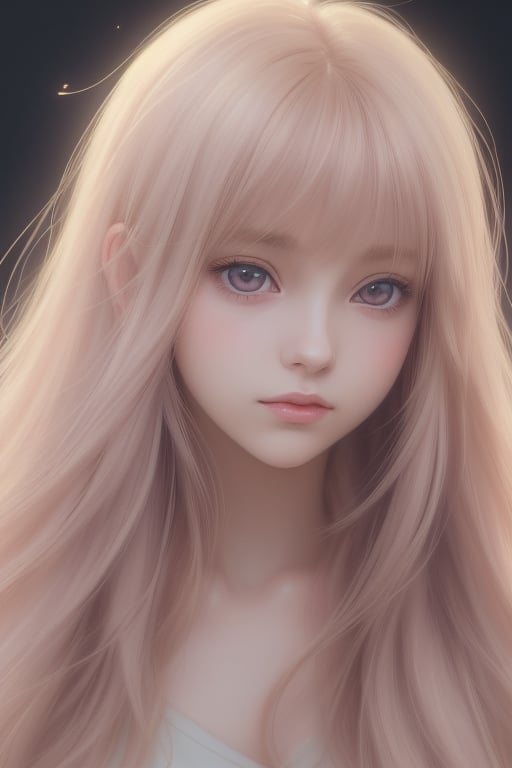 Anime style portrait of a young woman with long straight golden hair and bangs, soft violet eyes, delicate facial features, wearing a light-colored top. The expression is serene and slightly melancholic. Soft lighting, pastel color palette. High-quality, detailed anime art style.