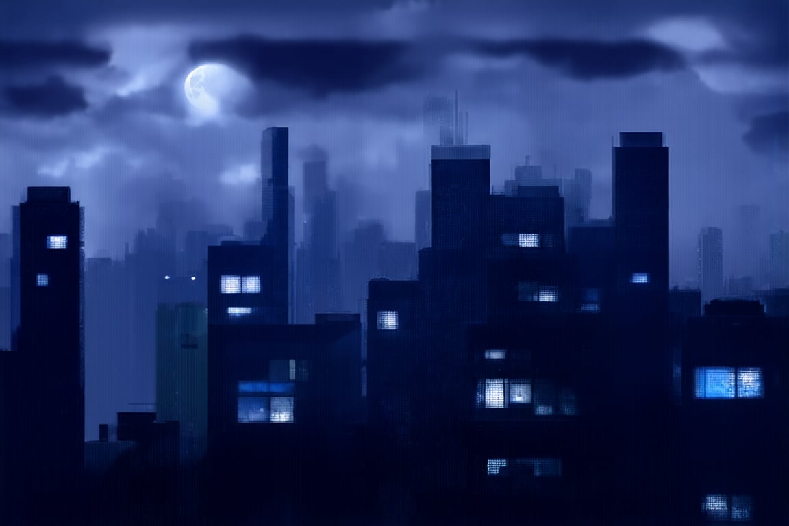 night, cloud lumened by city, bright moon, dark-gray-purple sky; sky scrapers square and rectangular skyscrapers with white frequent square windows, shades of skyscraper windows: dark blue, dark turquoise. The roofs of skyscrapers from dark squares or illuminated with a dim blue border,