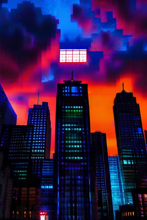 dark orange clouds illuminated by the city, purple sky, square and rectangular skyscrapers with white frequent square windows, shades of skyscraper windows light green, blue, dark blue, dark turquoise. The roofs of skyscrapers from dark squares to squares are illuminated with a dim blue square border, some skyscrapers are topped with red lights in the corners, and a red diode is installed above one skyscraper to warn airplanes.