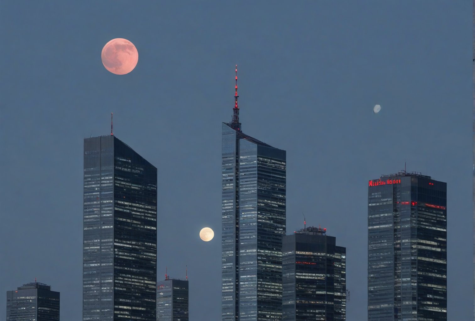 light bluish gray-light skyscrapers, sometimes with a light greenish tint, with frequent square windows, above two skyscrapers there is a red diode warning aircraft; with a dark gray sky and a clear gray sky illuminated by a bright white-blue moon