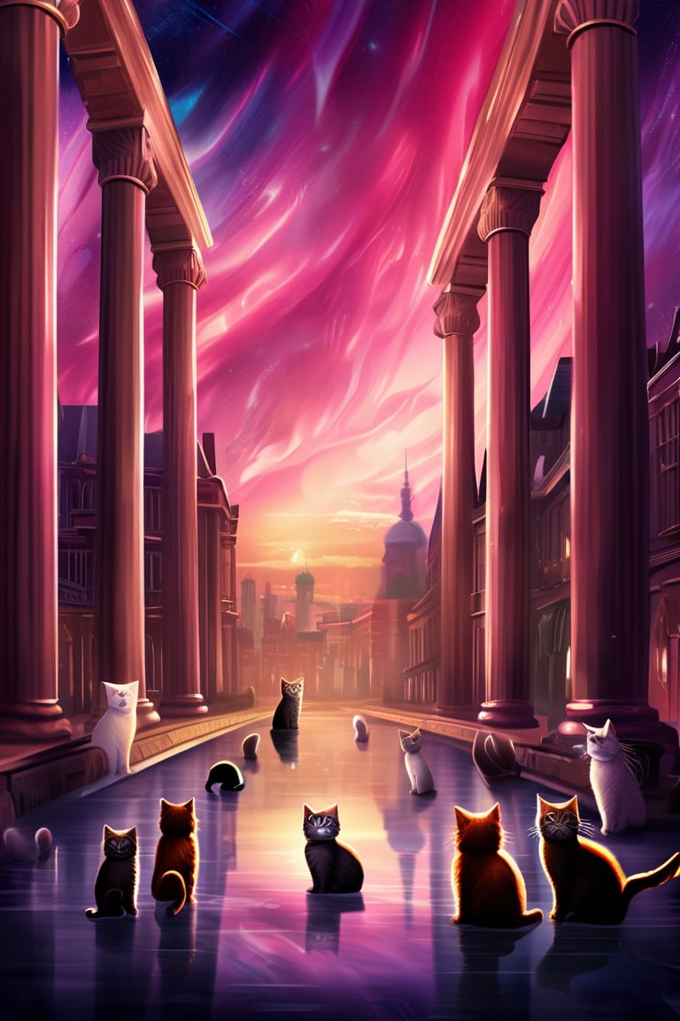 painting of A sky filled with a vibrant aurora borealis illuminating a city with grand columns while cats roam the streets and serpentine creatures swim in the oceans. Style of Cute cats and kittens with a mirror background. rosybrown, chocolate, sandybrown, darkred colors. 8K HD.