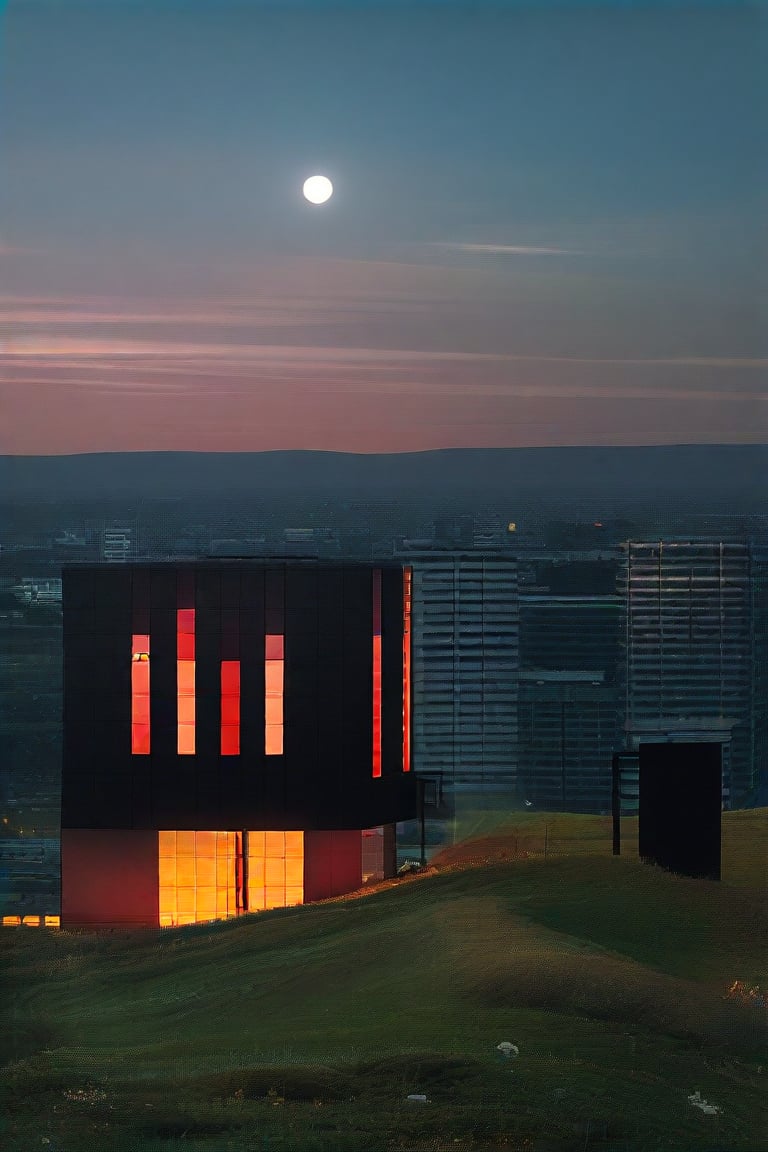 a huge hilly field covered with grass with partially clayey inclusions, green and brown boxes are visible very far away, also behind the hills narrow black skyscrapers with white windows with a yellowish tint are visible, green and brown boxes are visible far away, a dimly lit and dull black building with an orangish glow from sunset, you can see a small white bright advertisement with incomprehensible outlines, black skyscrapers with light yellow windows topped with metal structures standing right in the middle of the field reflect the light of the moon, in the distance you can see small two-story buildings with very small windows and a chimney, a little closer near the skyscrapers you can also see small two-story buildings buildings with very small windows and a chimney, not all skyscrapers are topped with metal structures, the sky on the horizon is from dark red to yellowish which sees off the departing sun, the moon is on the opposite side, the sky is soft blue topped by the moon on the opposite side of the sun, and a few stars, clouds light white very transparent barely visible,