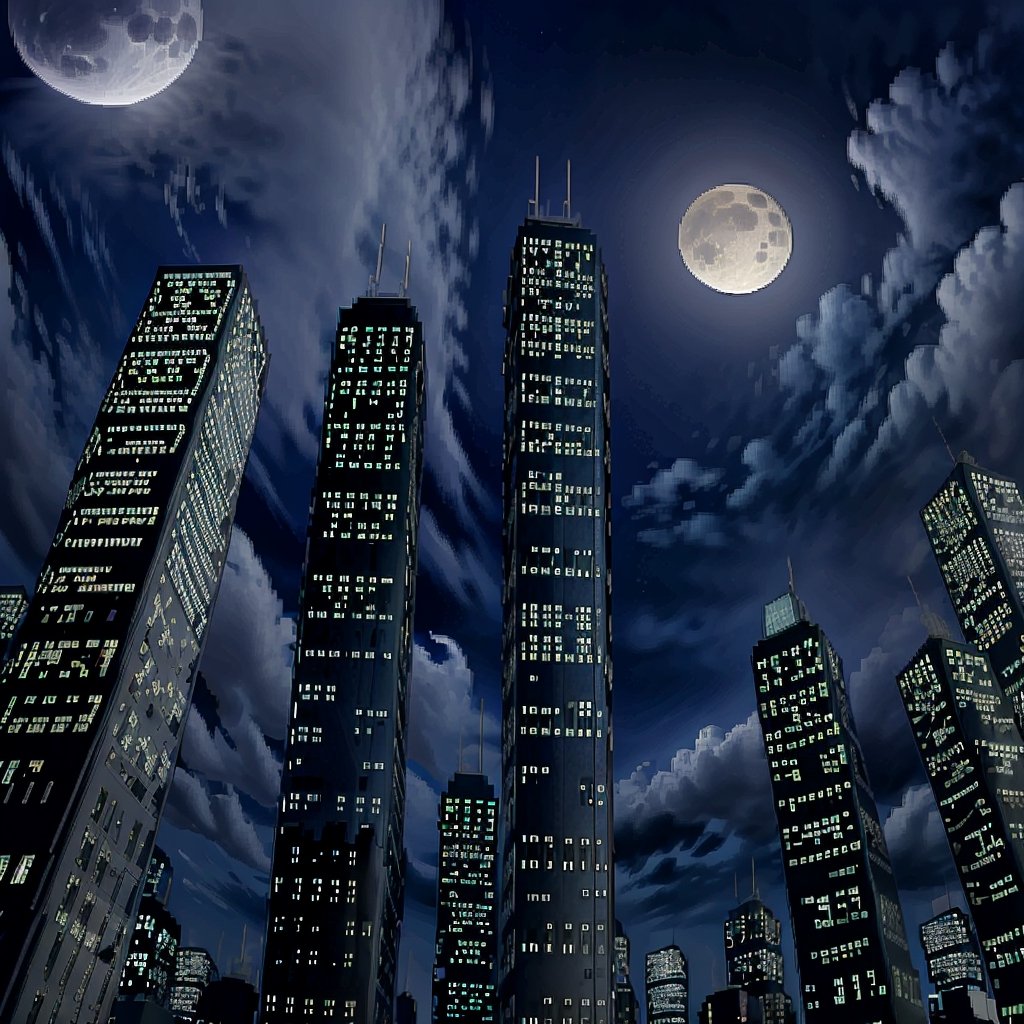 night, dark blue sky with blurry white clouds, full moon, black rectangular skyscrapers with small windows in which white light is visible, metal superstructures are visible at the tops of skyscrapers, brown cubes and a few gray cubes are visible at the base of skyscrapers, the earth is brown mud or clay