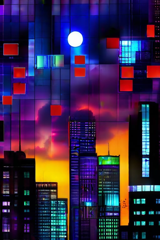 dark orange clouds illuminated by the city, purple sky,bright white moon with violet oreola, square and rectangular skyscrapers with white frequent square windows, shades of skyscraper windows light green, blue, dark blue, dark turquoise. The roofs of skyscrapers from dark squares to squares are illuminated with a dim blue square border, some skyscrapers are topped with red lights in the corners, and a red diode is installed above one skyscraper to warn airplanes.