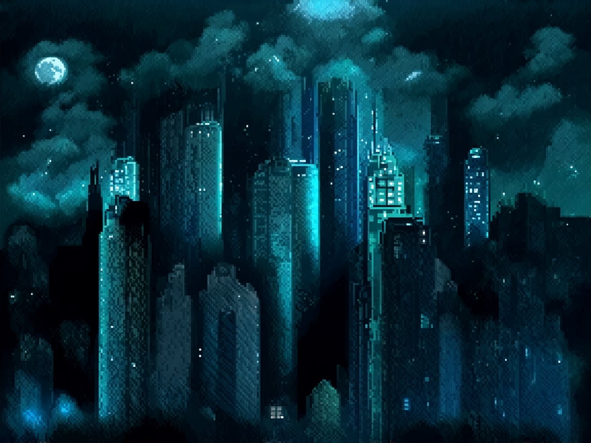 night, cloud lumened by city, bright moon, dark-green sky; sky scrapers square and rectangular skyscrapers with white frequent square windows, shades of skyscraper windows: dark blue, dark turquoise. The roofs of skyscrapers from dark squares or illuminated with a dim blue border,