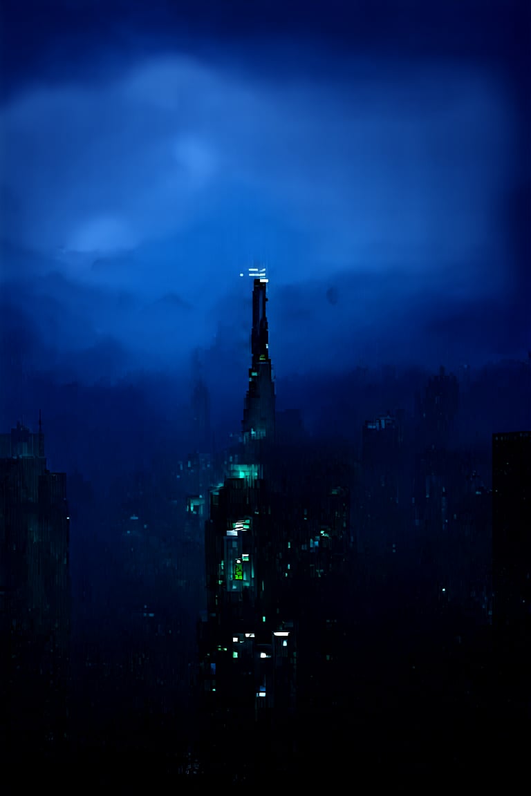 night, cloud lumened by city, bright moon, dark-gray-purple sky; sky scrapers square and rectangular skyscrapers with white frequent square windows, shades of skyscraper windows: dark green, dark turquoise. The roofs of skyscrapers from dark squares or illuminated with a dim blue border,