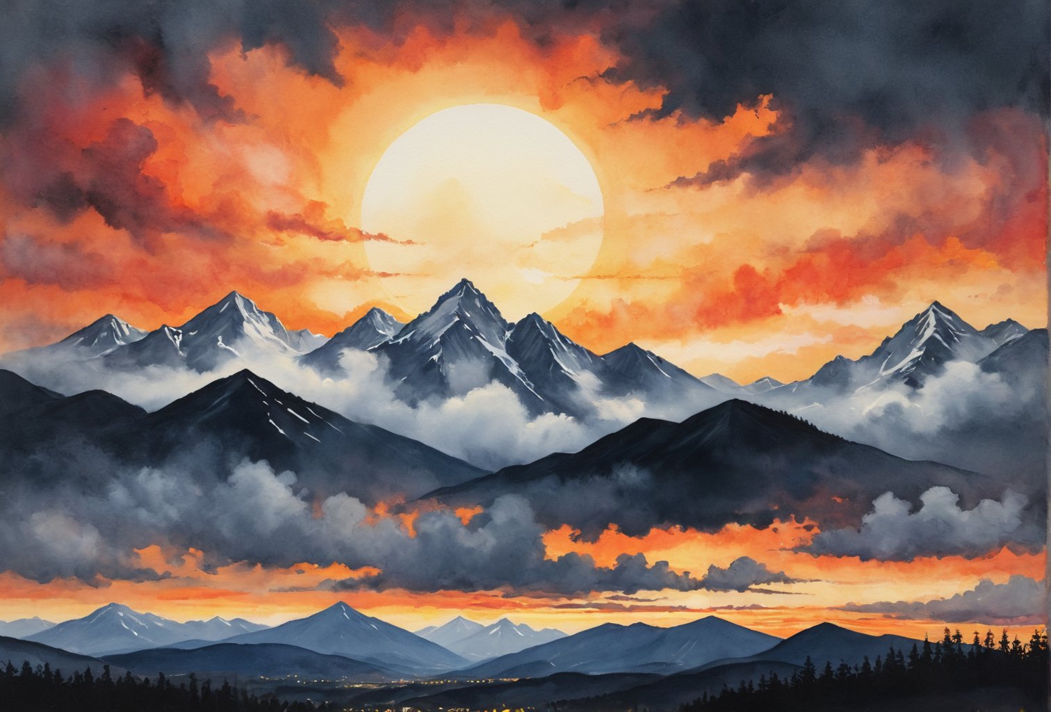 Start with the sky: use a soft bristled brush to create dense gray clouds. Use gray watercolor or gouache, mixed lightly with white to add dimension. Next, color the edges of the clouds red: use red mixed with orange to simulate the glow from the sun. Smoothly transition from gray to red. Sun: Paint a small circle of golden color at the edge of the clouds, making it more intense in the center and paler towards the edges. Mountains in the distance: Go with dark gray and a hint of blue to create the look of distant mountains. Mark the contours of industrial structures and buildings with thin lines using white paint or a thin pencil. Nearby Mountains: Use darker shades of gray to make them stand out against the distant mountains. Also add shadows of the clouds to show that they are closer. Outline industrial forms darker to show their outlines. Front exposed black mountains: use black paint for definition and definition of the lines. Leave small shiny dots or near the outline of the building to show that there is industry there, even if it is hard to see.