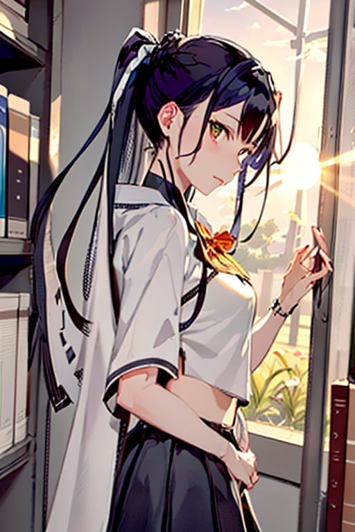 contrast manga, character, anime girl with bangs and medium-long hair in the school library, feels the breath of spring and the sun, the sun falling on the shelves in the school library, creates a feeling of morning and at the same time has the charm of sunset, but in reality it is not clear what time, as if it it was out of time, or it was day, so good that it seems that now it will always be like this.
