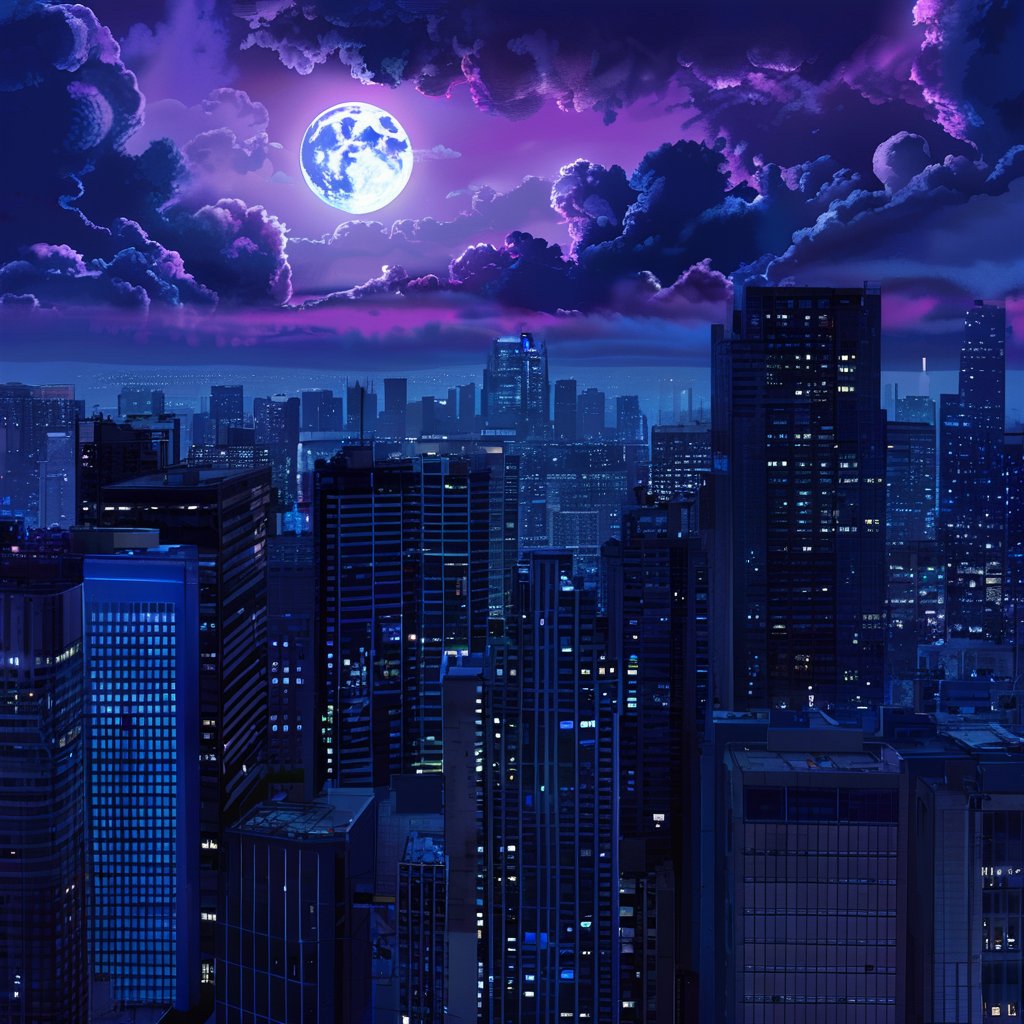 night, cloud lumened by city, bright moon, dark-gray-purple sky; sky scrapers square and rectangular skyscrapers with white frequent square windows, shades of skyscraper windows: dark blue, dark turquoise. The roofs of skyscrapers from dark squares or illuminated with a dim blue border,