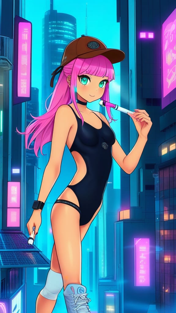 a girl with pink shoulder-length hair in a brown cap smoking a wipe is dressed in a black bodysuit swimsuit the seams of which are illuminated at the edges by purple and turquoise diodes on her white sneakers, around a futuristic city