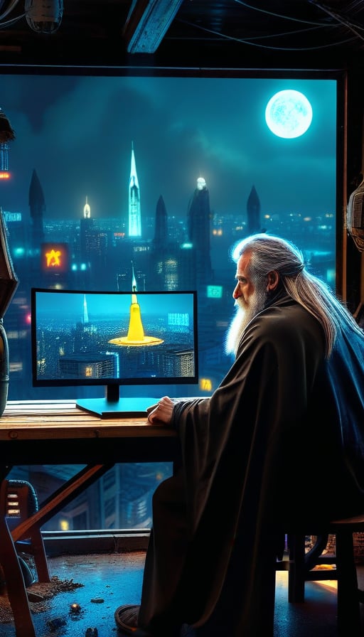 A homeless person who sits at a wooden table in front of a square black monitor and it generates images of a futuristic city, there is a dark system unit on the floor, he has long gray hair with a gray beard of about 55 years old, he is dressed in a dark brown wizard's cape, the environment is a typical homeless person's home, a semi-dump, in the open wall you can see a bright futuristic night city.