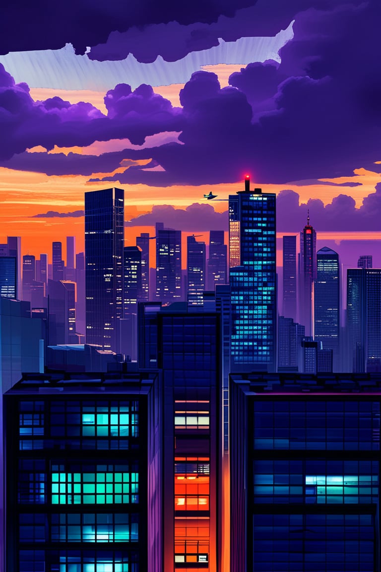 dark orange clouds illuminated by the city, purple sky, square and rectangular skyscrapers with white frequent square windows, shades of skyscraper windows light green, blue, dark blue, dark turquoise. The roofs of skyscrapers from dark squares to squares are illuminated with a dim blue square border, some skyscrapers are topped with red lights in the corners, and a red diode is installed above one skyscraper to warn airplanes.