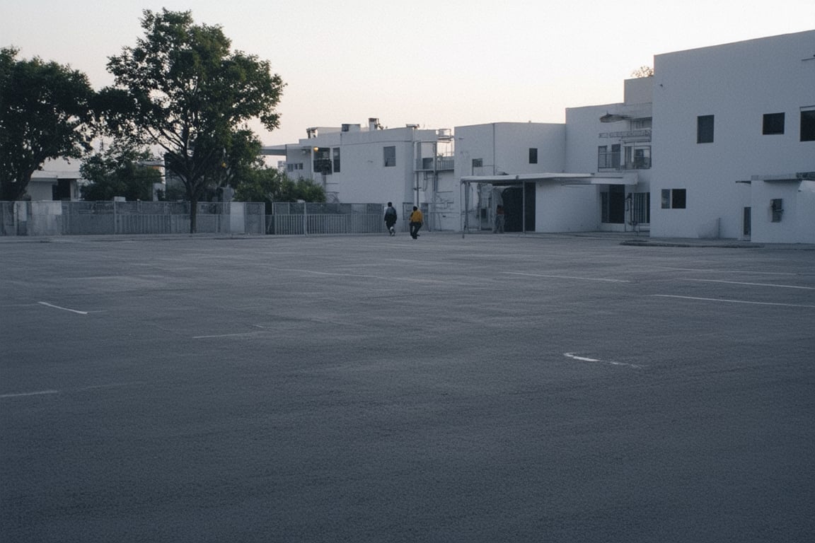 a huge empty asphalt square in the distance one can see massive but not tall rectangular white buildings with narrow black windows, nearby there are smaller rectangular buildings made of brick with square windows and a concrete canopy on the roof, next to them there are not tall trees, a white rectangular building with white edging and large windows, near the buildings you can also see small brick extensions without windows, just in the distance and as if in miniature you can see rectangular buildings with wide large rectangular black windows and white buildings lower but wide with very small black square windows, next to different rare trees are visible behind the buildings, behind all the buildings the yellow sun rises, but it does not dazzle and seems to be in a haze, but all this is as if in the distance and creates the opportunity to examine it all as a whole, and the viewer stands in the middle of perfectly smooth asphalt