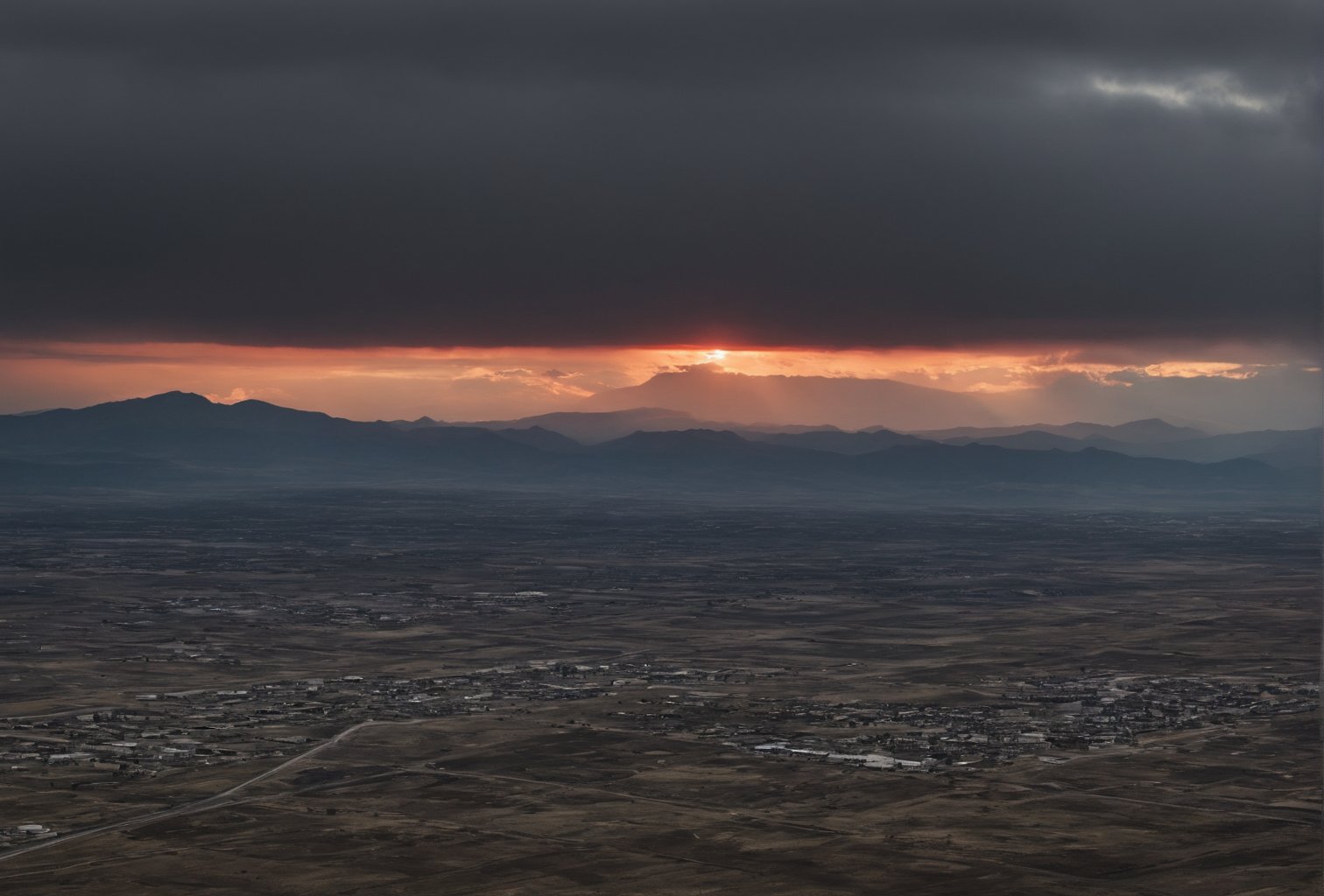 In the foreground, there is a thick layer of gray clouds that fill the sky, casting a dark and ominous mood. These clouds are artistically illuminated in a deep red color from above, creating a striking contrast against the gray backdrop. Centered in the sky is a small but radiant golden sun, its warm glow trying to break through the darkness of the clouds. As your eyes travel further, you notice a series of gray mountains on the horizon. Among these mountains, scattered in the landscape, you can spot power plants and industrial buildings peeking out, their structures adding an element of human intervention to the natural scenery. Some are nestled amidst the closer gray mountains, while others dot the black mountains further away, blending into the rugged terrain. This imagery creates a juxtaposition between the beauty of nature with the harsh realities of industrialization, highlighting the coexistence of natural landscapes and human development in a visually striking way.