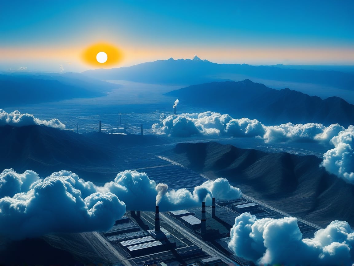 A dense layer of blue clouds illuminated in royalblue from above, a small golden sun, light gray mountains in the distance on the horizon among which power plants and industrial buildings can be seen, closer gray mountains on the horizon among which power plants and industrial buildings can be seen, black mountains on the horizon among which power plants and industrial buildings can be seen,