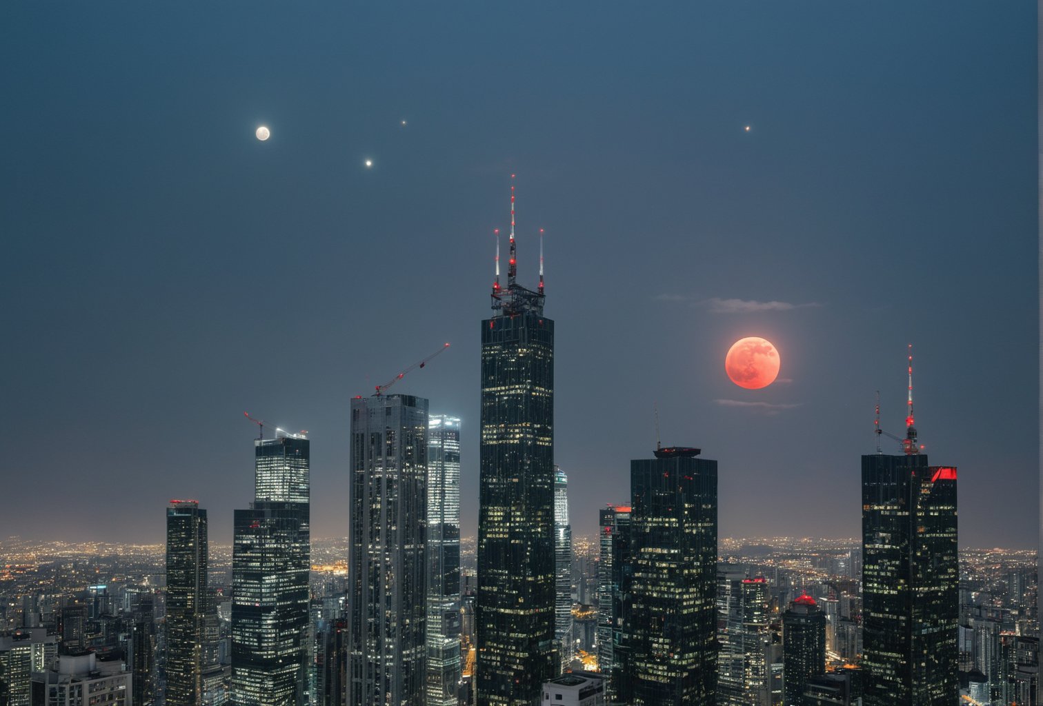 light bluish gray-light skyscrapers, sometimes with a light greenish tint, with frequent square windows, above two skyscrapers there is a red diode warning aircraft; with a dark gray sky and a clear gray sky illuminated by a bright white-blue moon