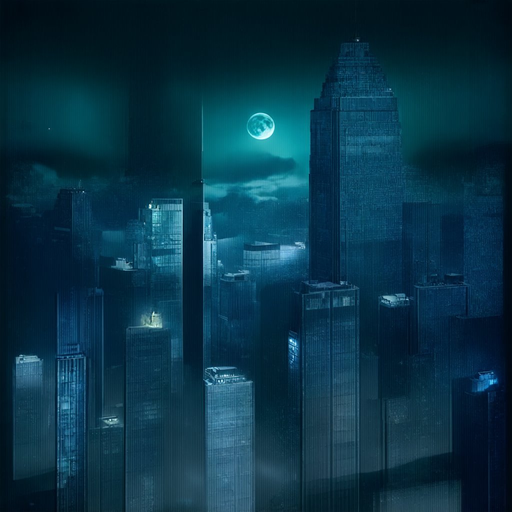 night, cloud lumened by city, bright moon, dark-green sky; sky scrapers square and rectangular skyscrapers with white frequent square windows, shades of skyscraper windows: dark blue, dark turquoise. The roofs of skyscrapers from dark squares or illuminated with a dim blue border,