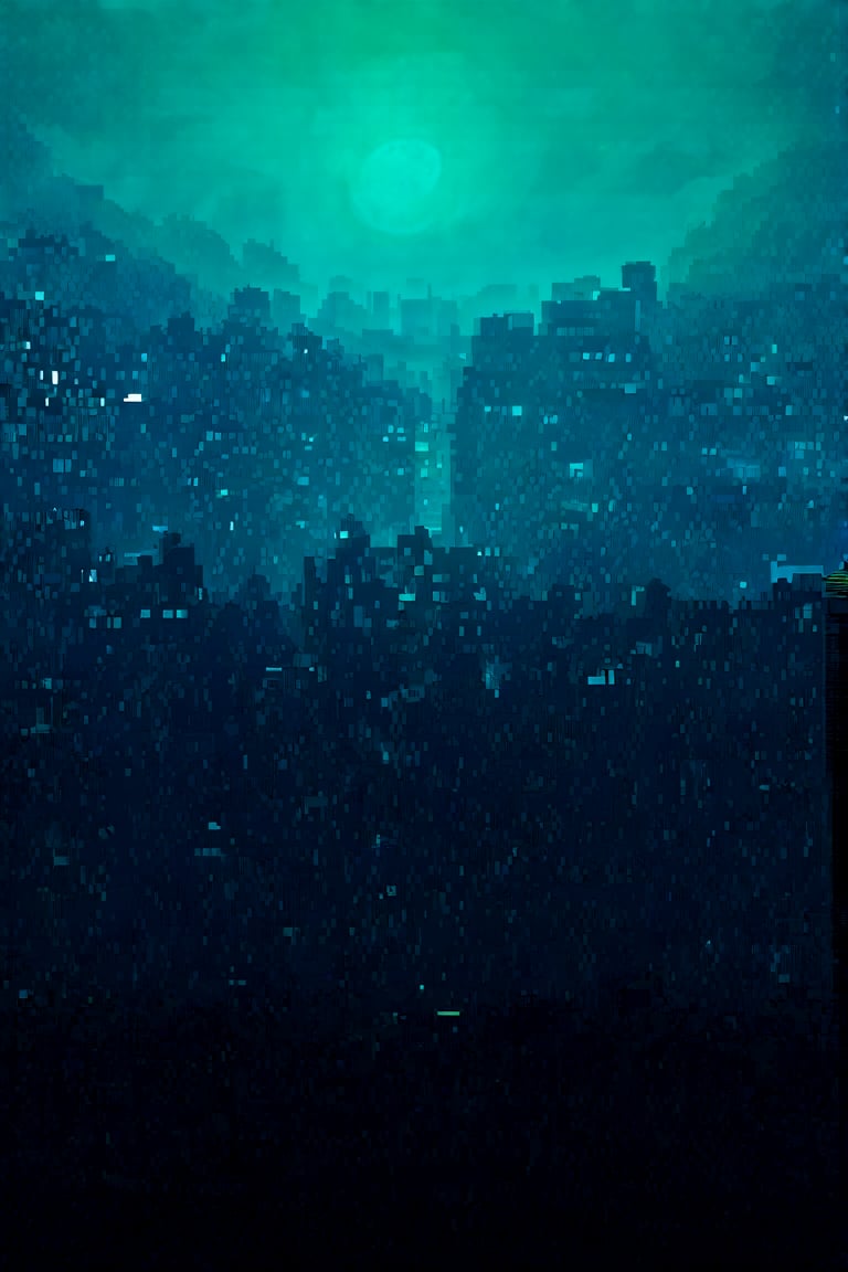 night, cloud lumened by city, bright moon, dark-green sky; sky scrapers square and rectangular skyscrapers with white frequent square windows, shades of skyscraper windows: dark blue, dark turquoise. The roofs of skyscrapers from dark squares or illuminated with a dim blue border,