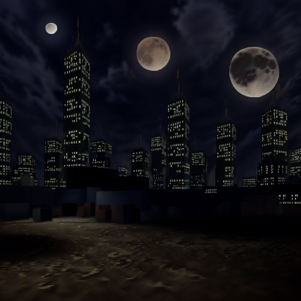 city, night, moon, sky, dirt,