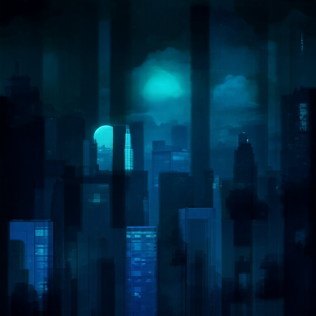 night, cloud lumened by city, bright moon, dark-green sky; sky scrapers square and rectangular skyscrapers with white frequent square windows, shades of skyscraper windows: dark blue, dark turquoise. The roofs of skyscrapers from dark squares or illuminated with a dim blue border,