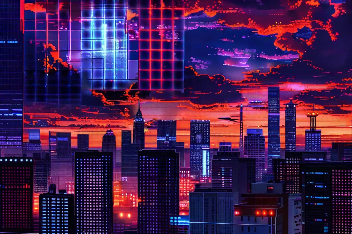 dark orange clouds illuminated by the city, purple sky, square and rectangular skyscrapers with white frequent square windows, shades of skyscraper windows light green, blue, dark blue, dark turquoise. The roofs of skyscrapers from dark squares to squares are illuminated with a dim blue square border, some skyscrapers are topped with red lights in the corners, and a red diode is installed above one skyscraper to warn airplanes.