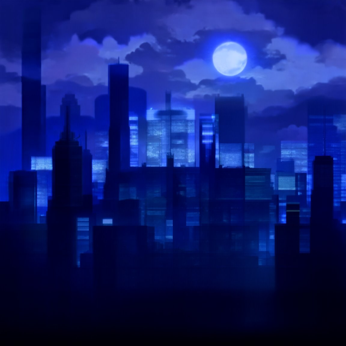 night, cloud lumened by city, bright moon, dark-gray-purple sky; sky scrapers square and rectangular skyscrapers with white frequent square windows, shades of skyscraper windows: dark blue, dark turquoise. The roofs of skyscrapers from dark squares or illuminated with a dim blue border,