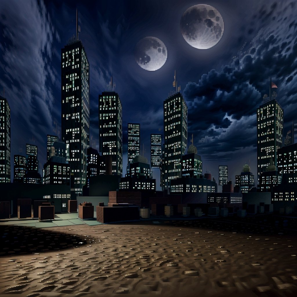 city, night, moon, sky, dirt,