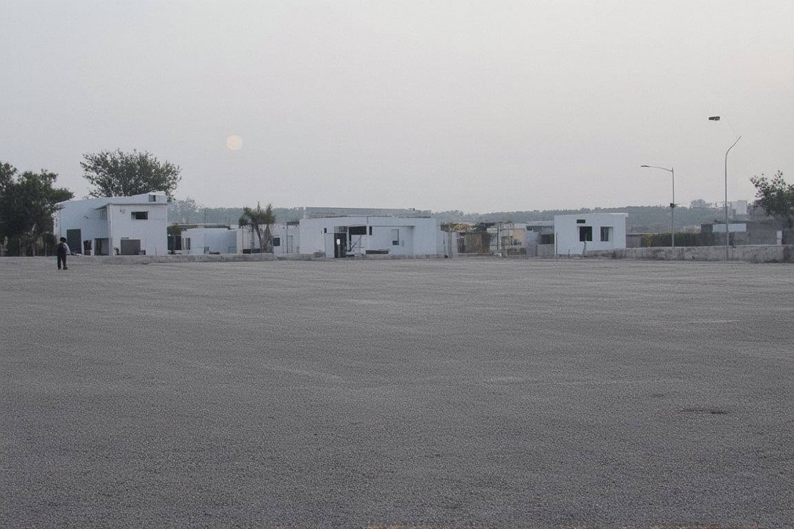 a huge empty asphalt square in the distance one can see massive but not tall rectangular white buildings with narrow black windows, nearby there are smaller rectangular buildings made of brick with square windows and a concrete canopy on the roof, next to them there are not tall trees, a white rectangular building with white edging and large windows, near the buildings you can also see small brick extensions without windows, just in the distance and as if in miniature you can see rectangular buildings with wide large rectangular black windows and white buildings lower but wide with very small black square windows, next to different rare trees are visible behind the buildings, behind all the buildings the yellow sun rises, but it does not dazzle and seems to be in a haze, but all this is as if in the distance and creates the opportunity to examine it all as a whole, and the viewer stands in the middle of perfectly smooth asphalt