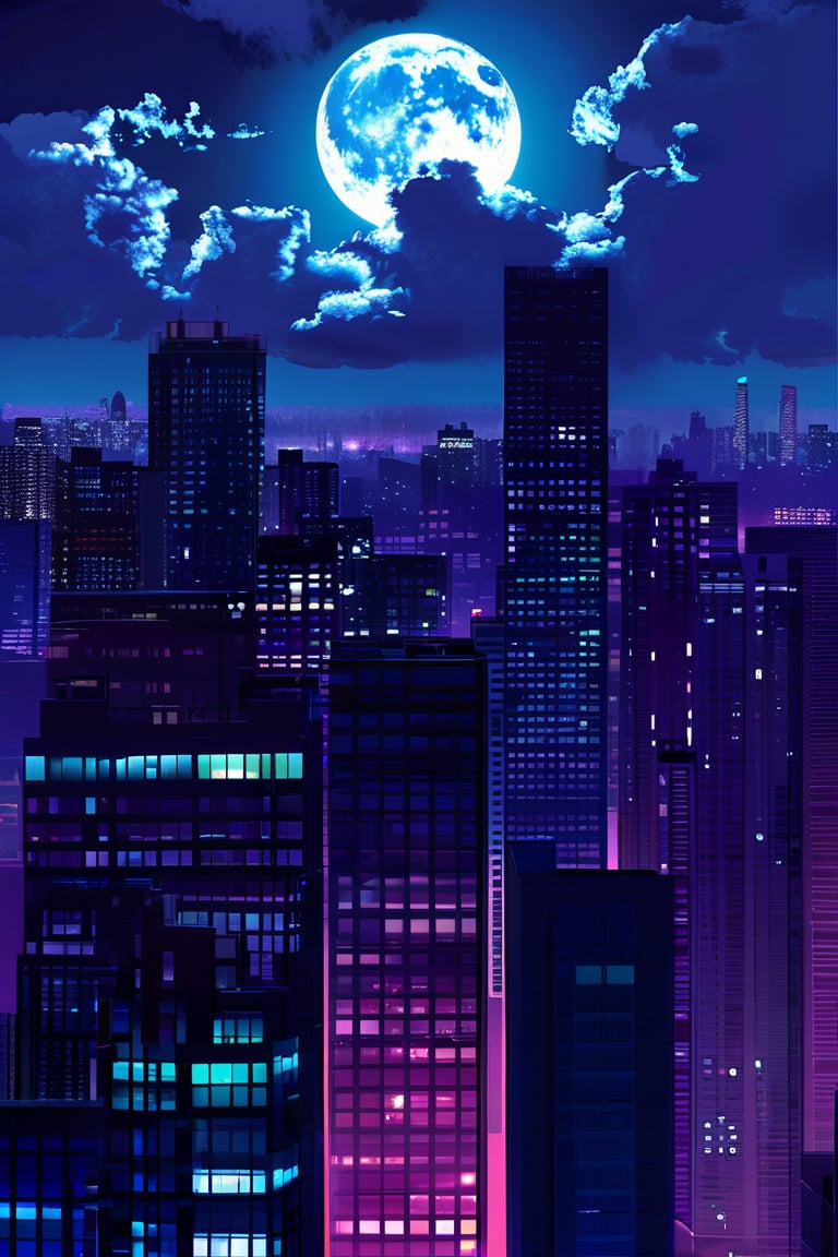 night, cloud lumened by city, bright moon, dark-gray-purple sky; sky scrapers square and rectangular skyscrapers with white frequent square windows, shades of skyscraper windows: dark blue, dark turquoise. The roofs of skyscrapers from dark squares or illuminated with a dim blue border,