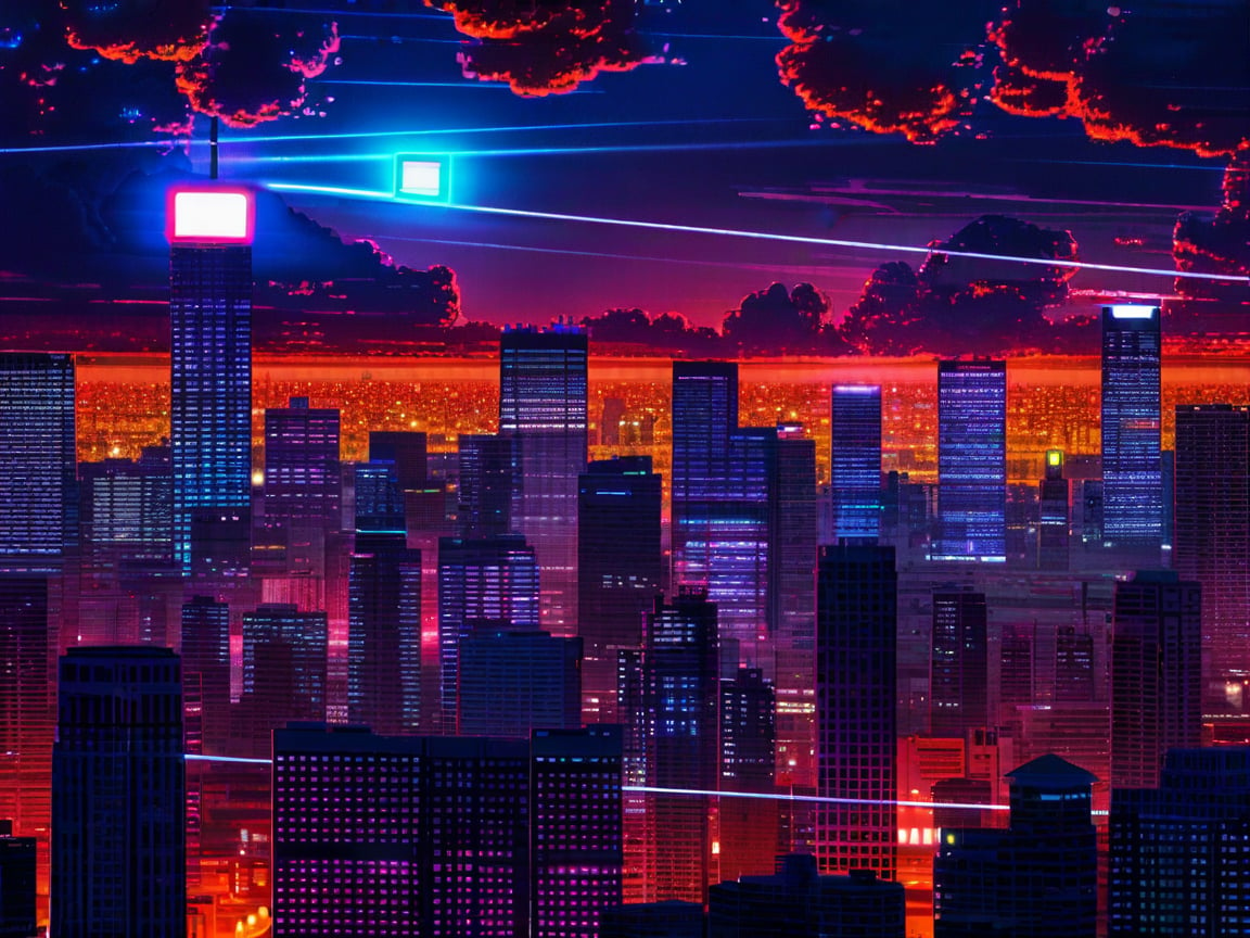 dark orange clouds illuminated by the city, purple sky, square and rectangular skyscrapers with white frequent square windows, shades of skyscraper windows light green, blue, dark blue, dark turquoise. The roofs of skyscrapers from dark squares to squares are illuminated with a dim blue square border, some skyscrapers are topped with red lights in the corners, and a red diode is installed above one skyscraper to warn airplanes.