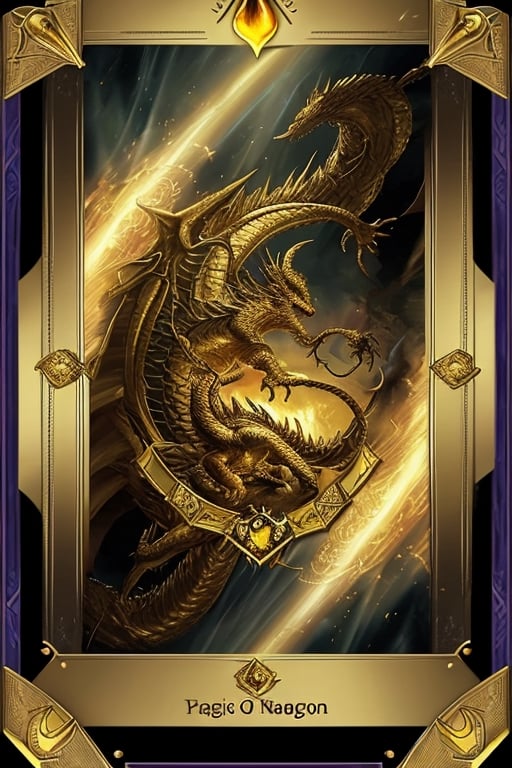 magic the gathering dragon card, in a gold frame with a light gold field under the image of a dragon, with a detailed description of the rules of the card