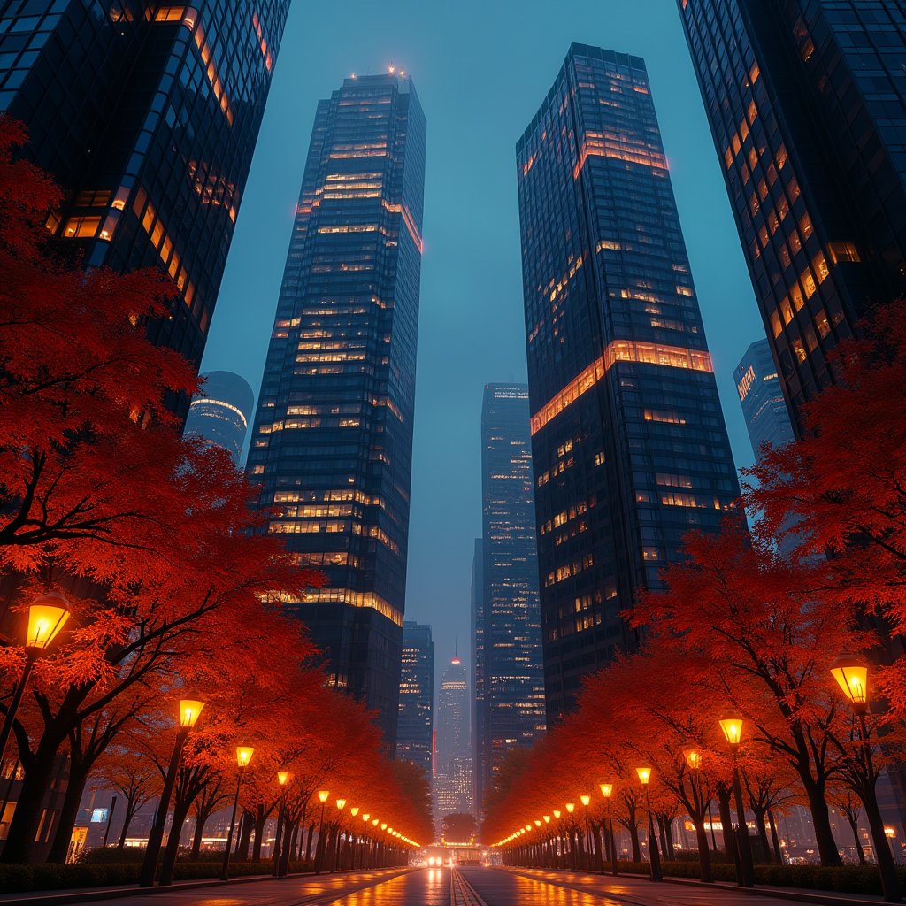 Night, autumn, skyscrapers with orange windows, lanterns illuminate the foliage of the trees and are reflected in the glass of the skyscrapers