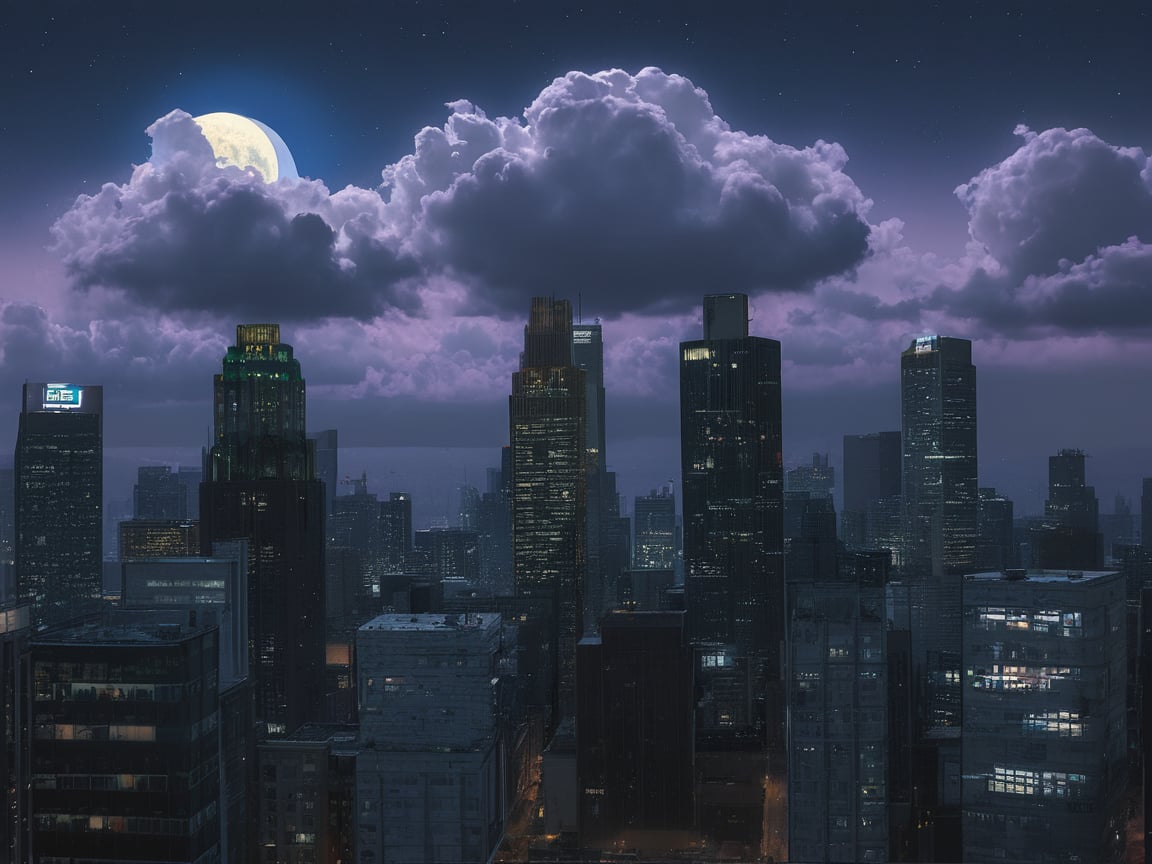 night, cloud lumened by city, bright moon, dark-gray-purple sky; sky scrapers square and rectangular skyscrapers with white frequent square windows, shades of skyscraper windows: dark green, dark turquoise. The roofs of skyscrapers from dark squares or illuminated with a dim blue border,