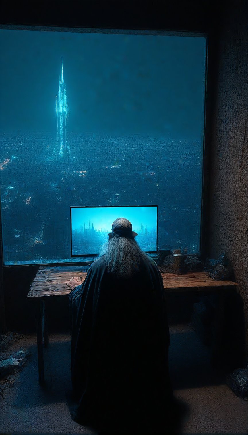 A homeless person who sits at a wooden table in front of a square black monitor and it generates images of a futuristic city, there is a dark system unit on the floor, he has long gray hair with a gray beard of about 55 years old, he is dressed in a dark brown wizard's cape, the environment is a typical homeless person's home, a semi-dump, in the open wall you can see a bright futuristic night city.