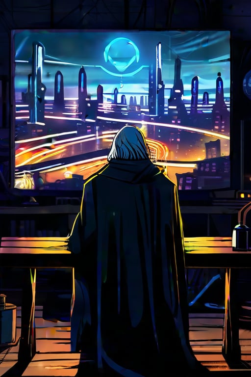 A homeless person who sits at a wooden table in front of a square black monitor and it generates images of a futuristic city, there is a dark system unit on the floor, he has long gray hair with a gray beard of about 55 years old, he is dressed in a dark brown wizard's cape, the environment is a typical homeless person's home, a semi-dump, in the open wall you can see a bright futuristic night city.