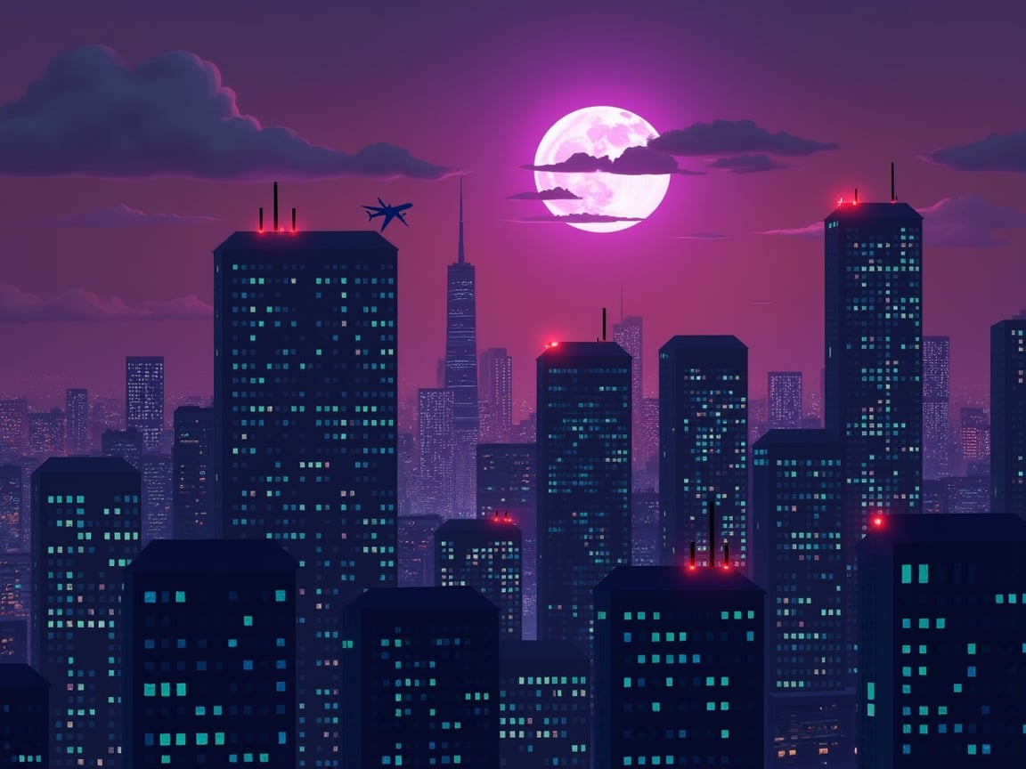 dark orange clouds illuminated by the city, purple sky,bright white moon with violet oreola, square and rectangular skyscrapers with white frequent square windows, shades of skyscraper windows light green, blue, dark blue, dark turquoise. The roofs of skyscrapers from dark squares to squares are illuminated with a dim blue square border, some skyscrapers are topped with red lights in the corners, and a red diode is installed above one skyscraper to warn airplanes.